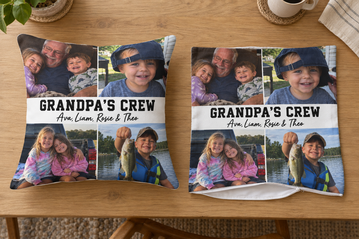 A complete custom photo pillow next to the same printed cover lying flat and empty with its zipper open