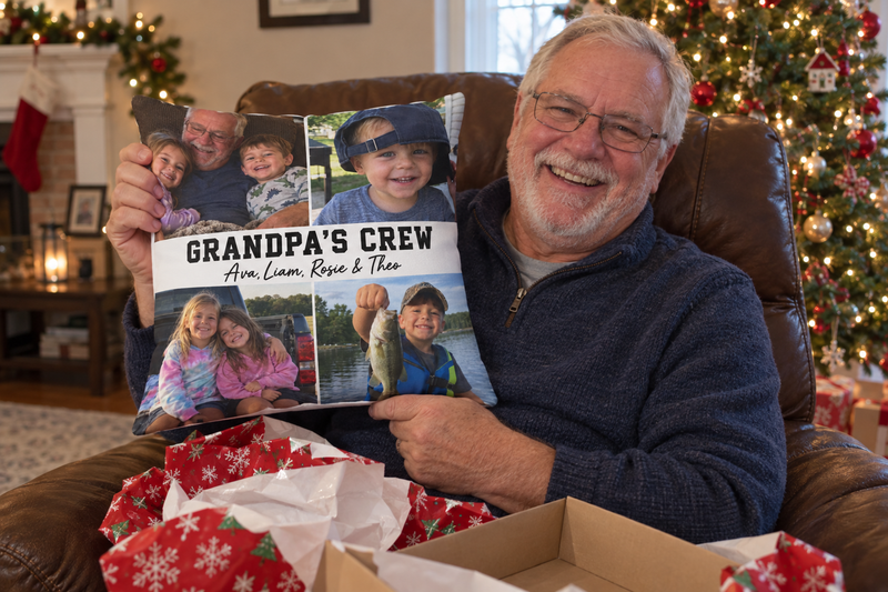 A grandfather in a recliner holding up a pillow printed with four grandkid photos and Grandpa's Crew