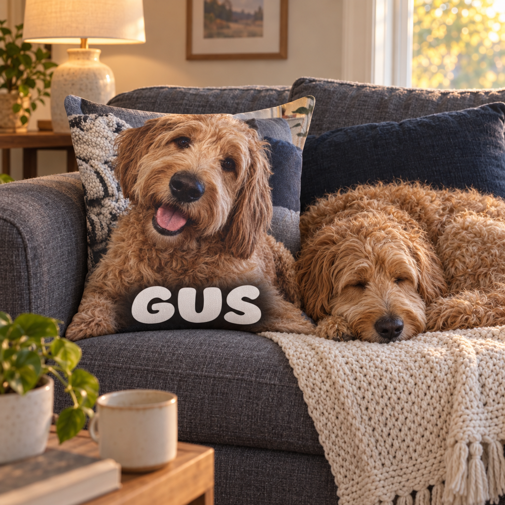 Custom throw pillow printed with a golden doodle photo and the name GUS on a gray sofa, the dog asleep beside it