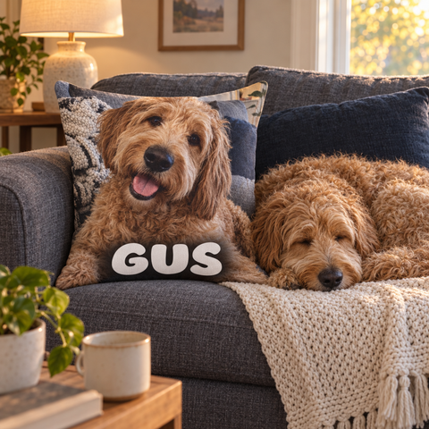 Custom throw pillow printed with a golden doodle photo and the name GUS on a gray sofa