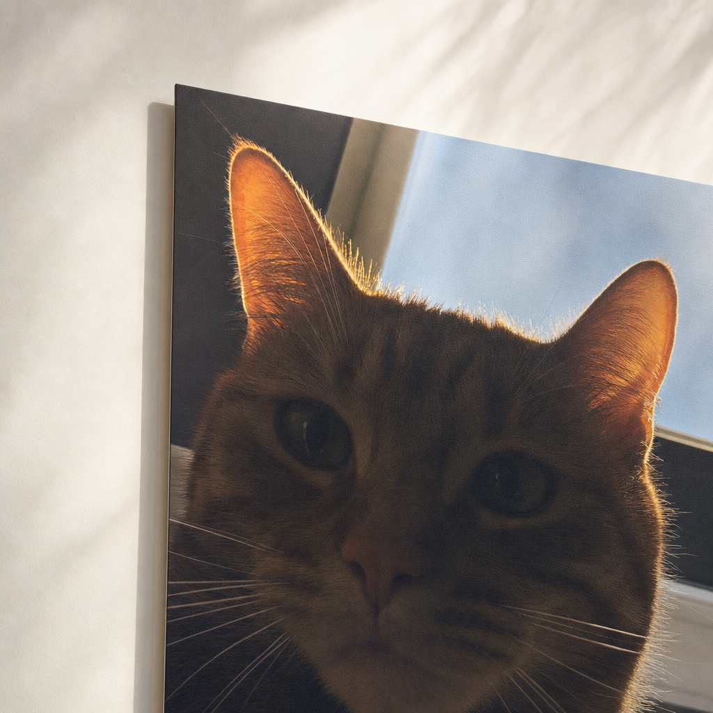 Close view of a matte photo poster with a cat photo design, lying flat with soft window light and no glare