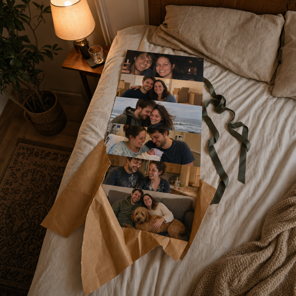A framed photo poster with a couple's photo grid design, wrapped as a gift
