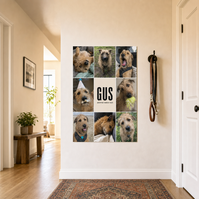 Custom photo poster of a golden retriever photo grid hanging on a living room wall