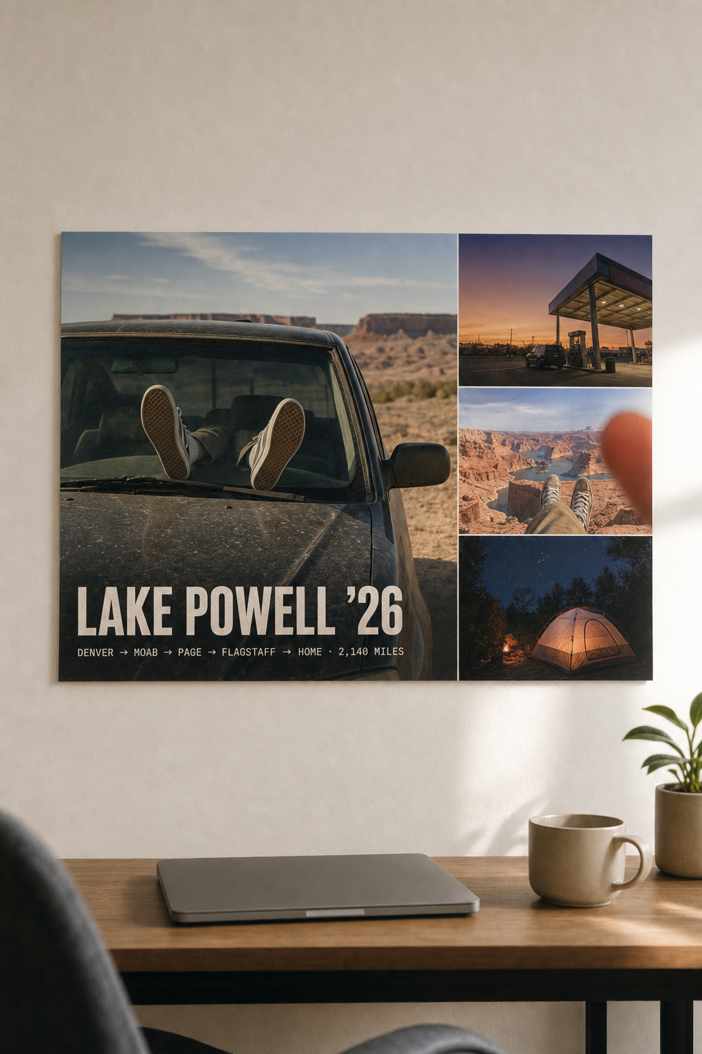 A satin photo poster of a road-trip photo collage on a bedroom wall with a soft sheen catching the light