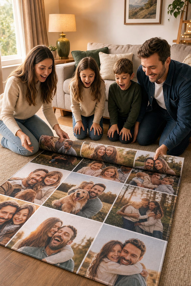 A rolled personalized rug being opened in a family room