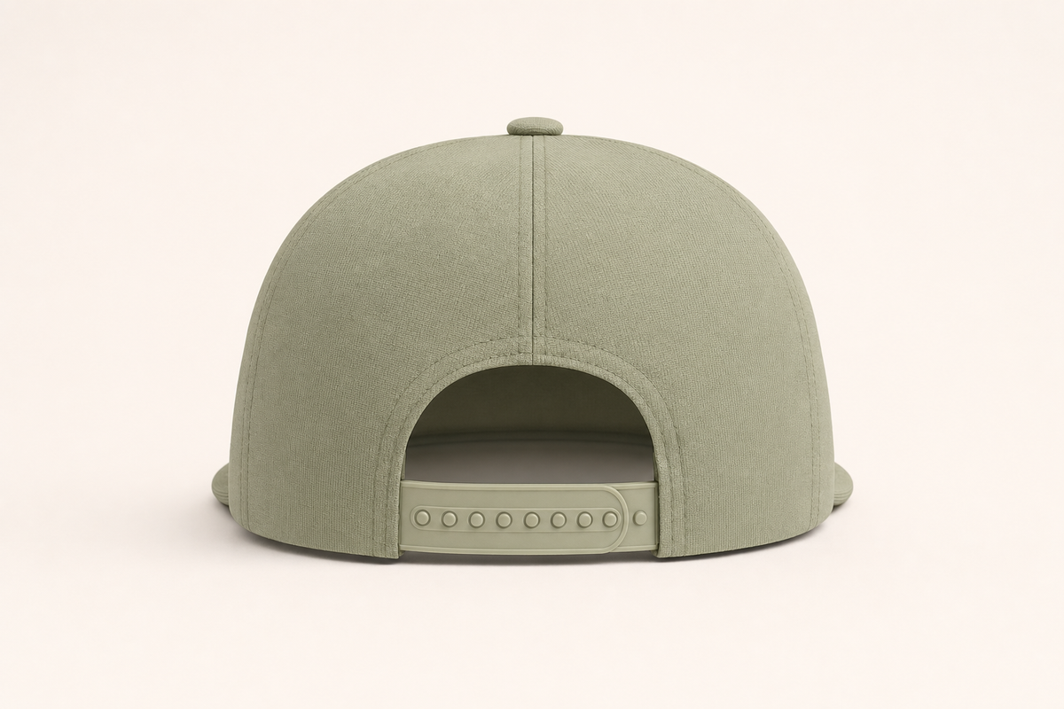 Rear view of the custom rope cap centered on the adjustable plastic snapback
