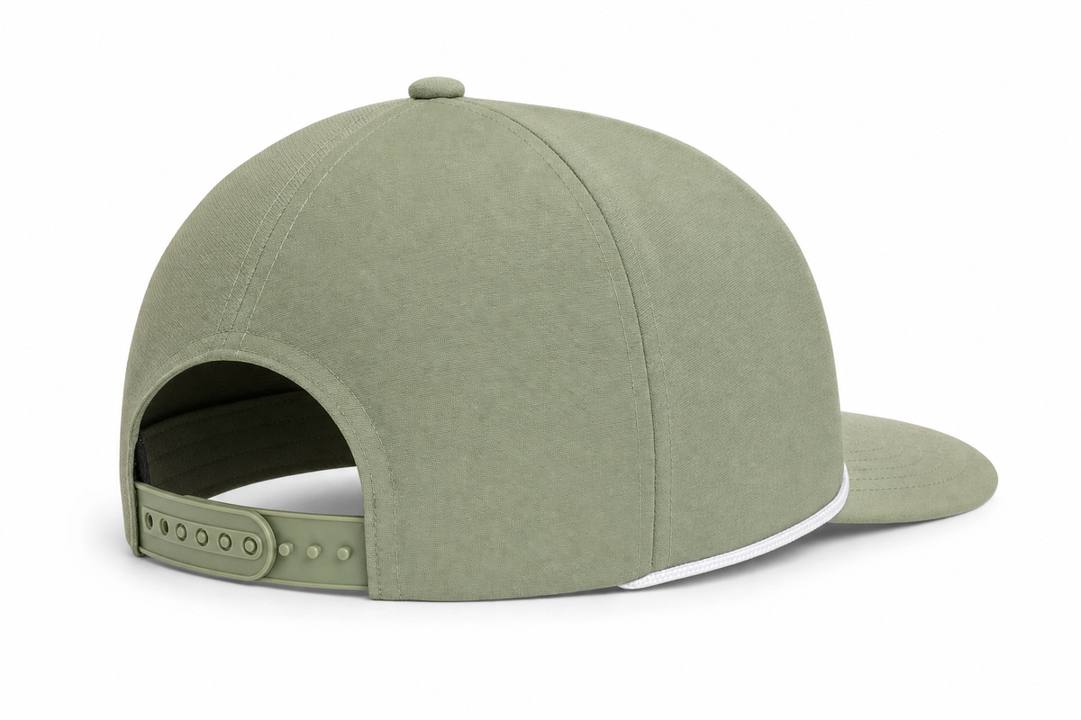 Rear view of the custom rope cap showing the adjustable plastic snapback