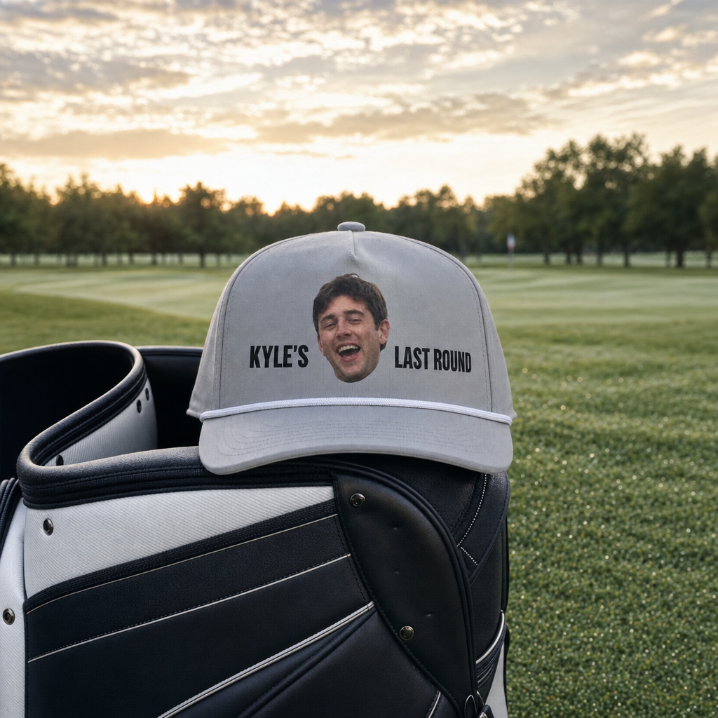 Custom golf trip rope cap with a friend's photo and trip text printed on the front, on a golf bag, full cap with margin