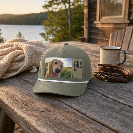 Custom rope cap with a golden retriever photo and the name Gus printed on the front, on a lakeside cabin porch table