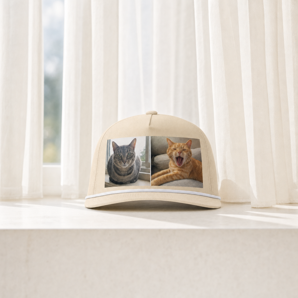 Custom rope cap with a two-photo collage of two cats printed on the front, full cap with margin