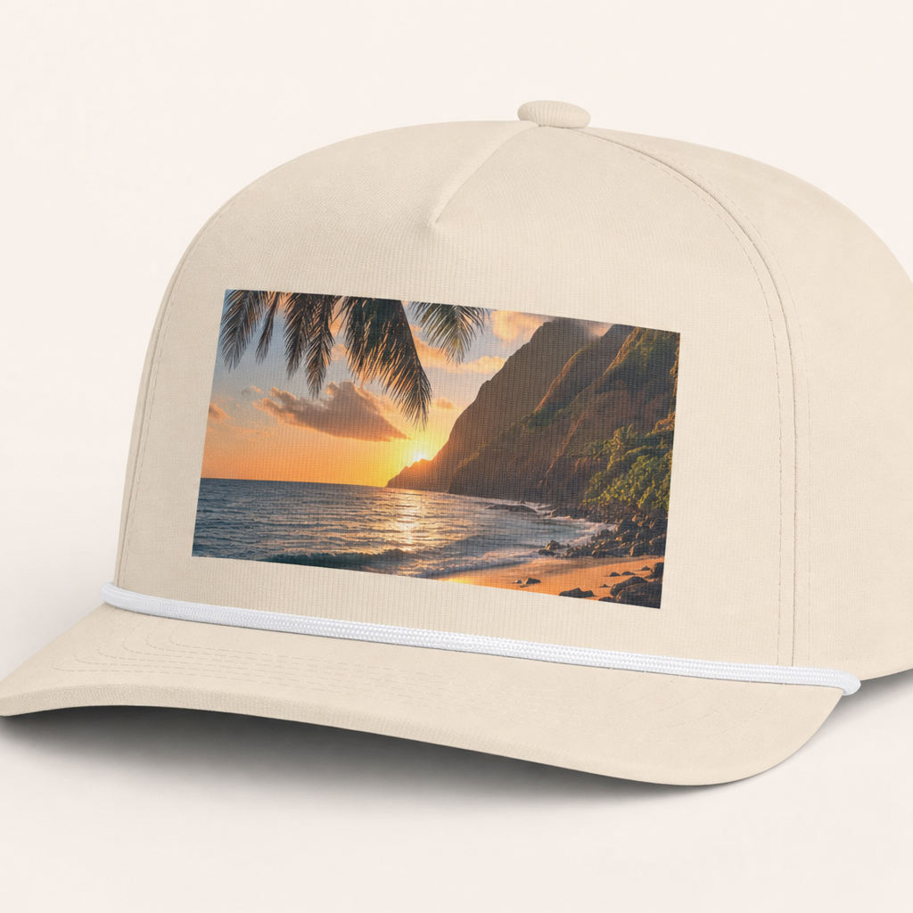 Custom rope cap with a sunset beach photo printed on the front panel
