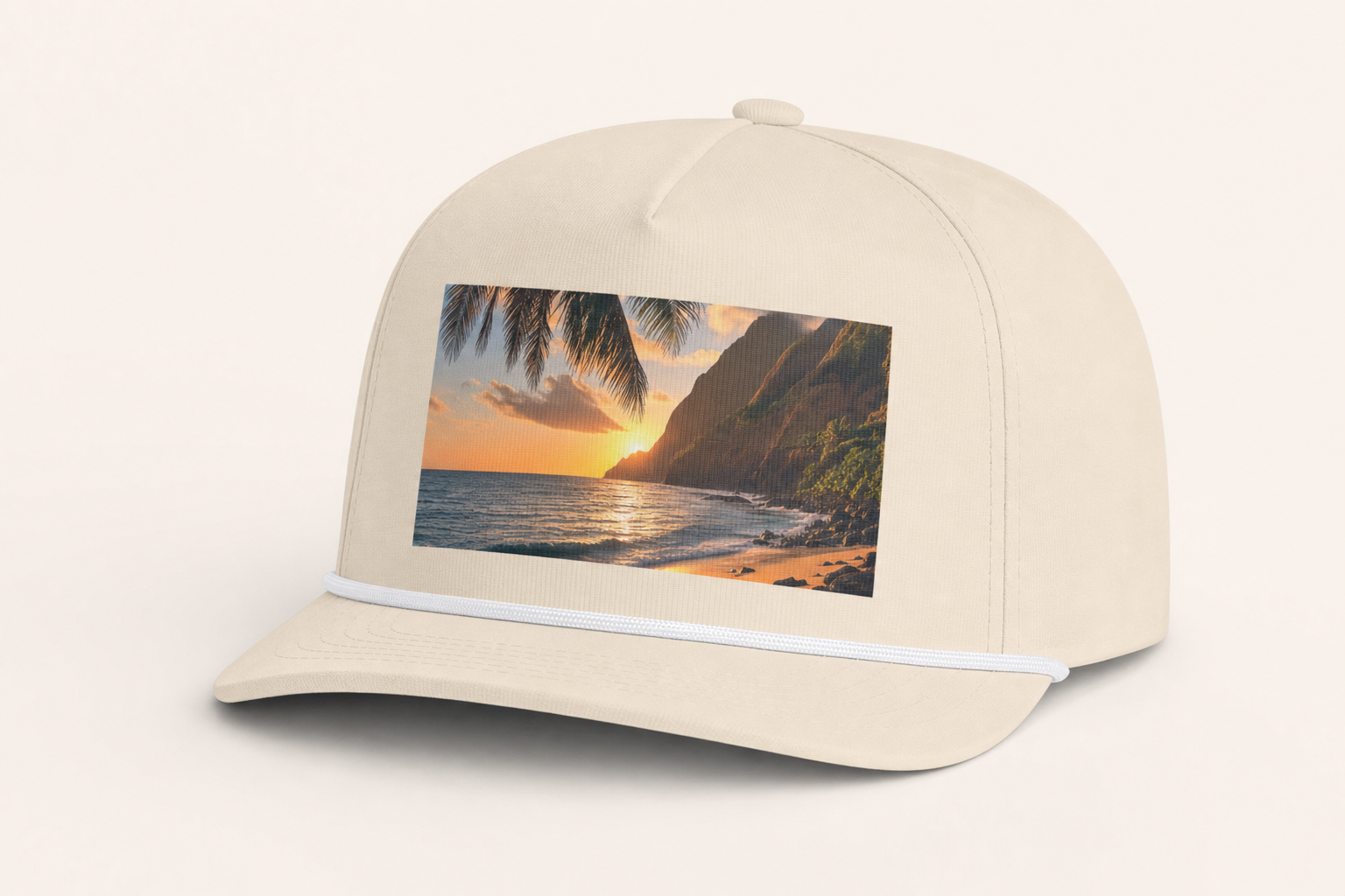 Custom rope cap with a sunset beach photo printed on the front panel, three-quarter view