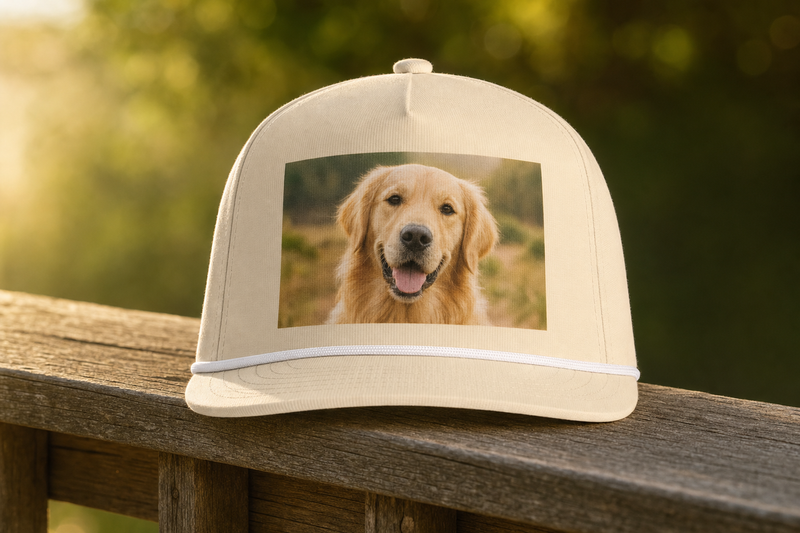 A personalized rope cap with a pet portrait, presented as a gift