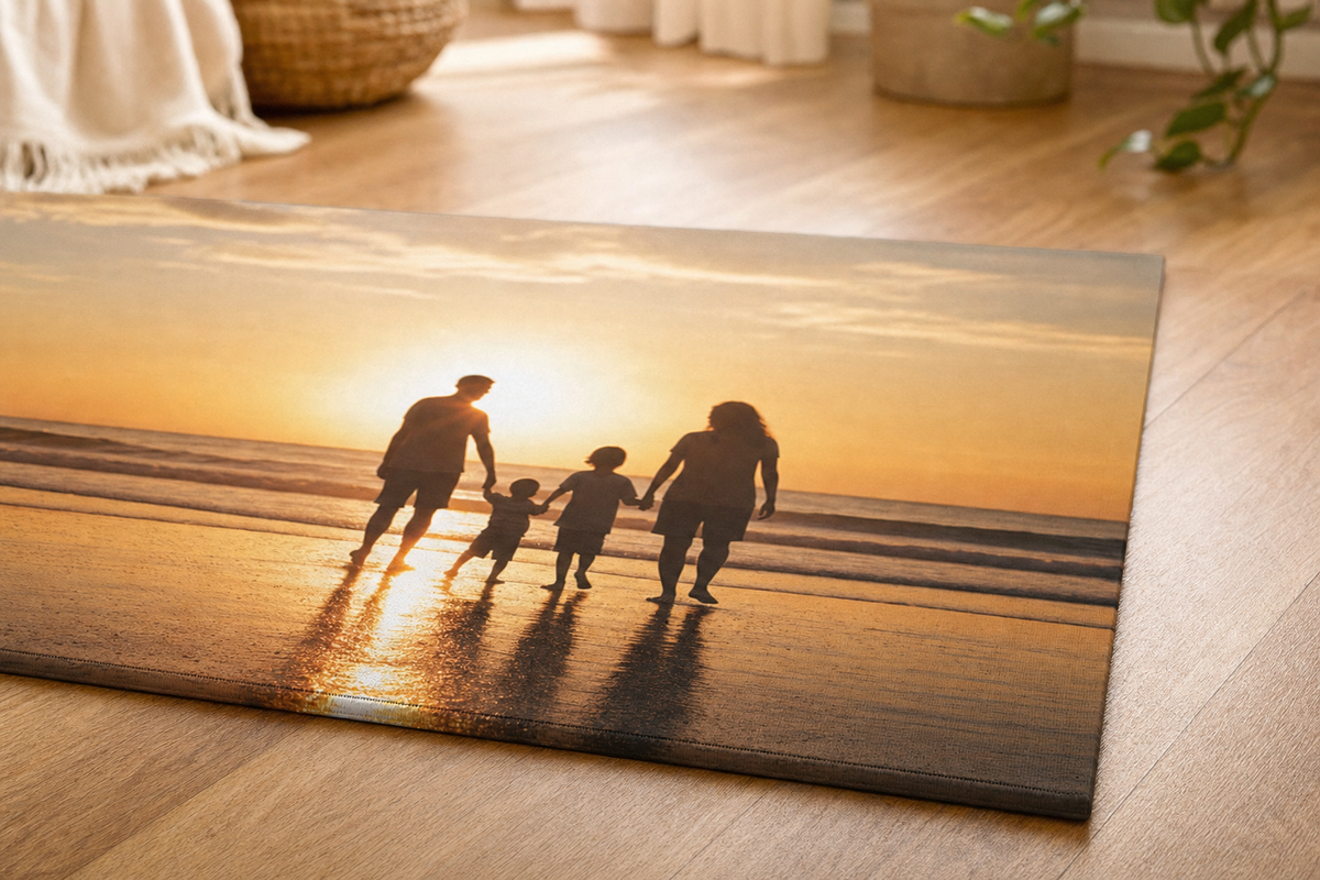 Corner of a custom photo rug with a family beach photo continuing over the hemmed edge