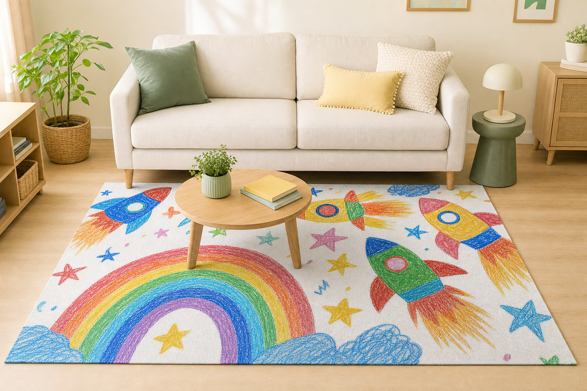 A large custom rug with colorful kids artwork in a living room