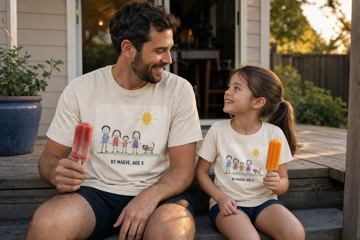 A family wearing matching custom photo t-shirts in different sizes and colors at a backyard party