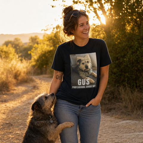 Custom photo t-shirt printed with a candid dog photo, worn outdoors