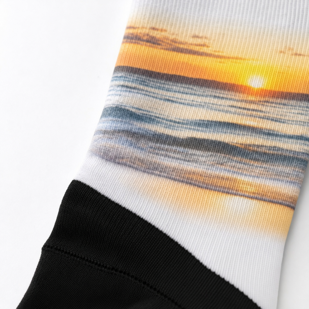 Macro of a dye-sublimated photo design in the knit of a custom crew sock