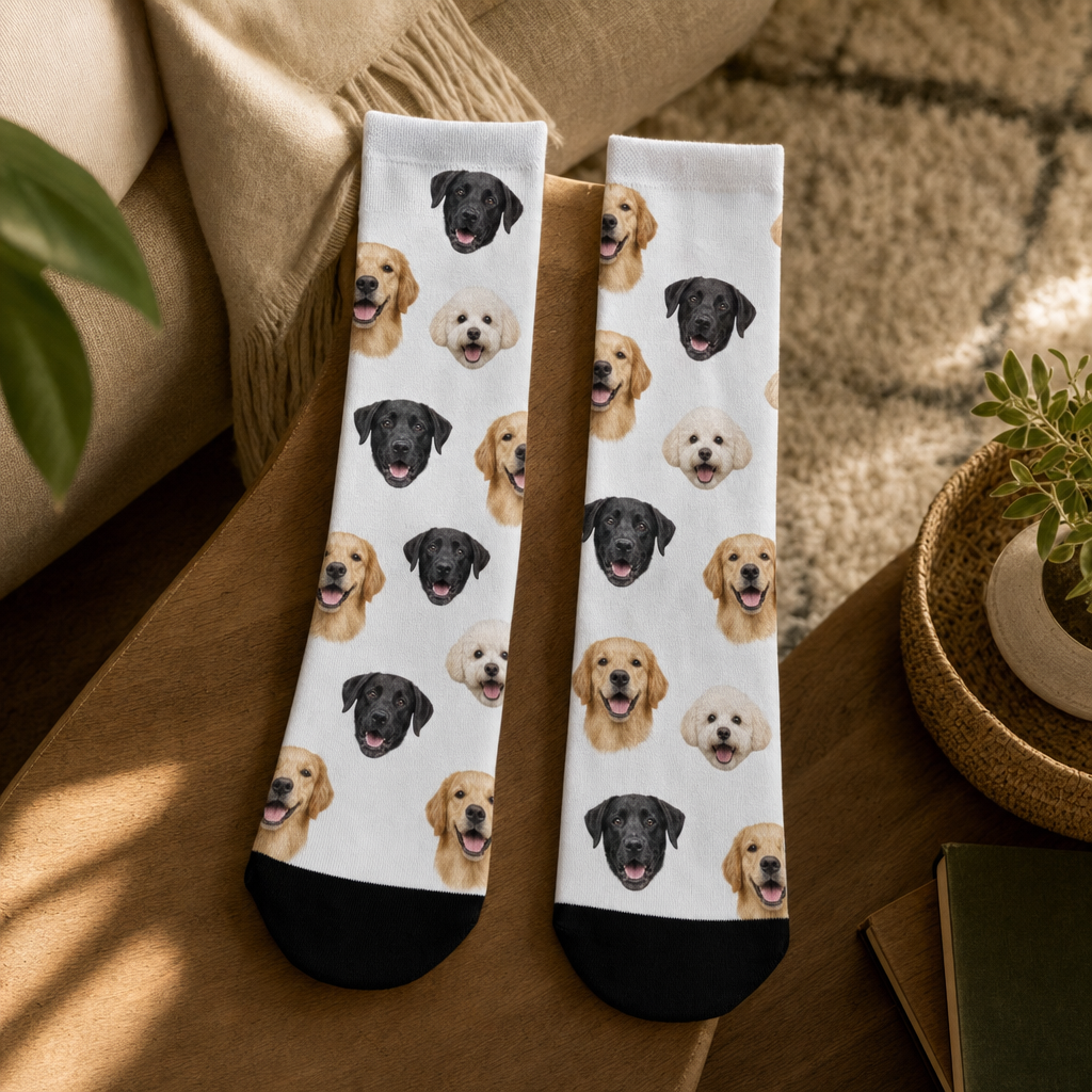 A pair of custom crew socks covered in tiled dog face designs with black heels and toes