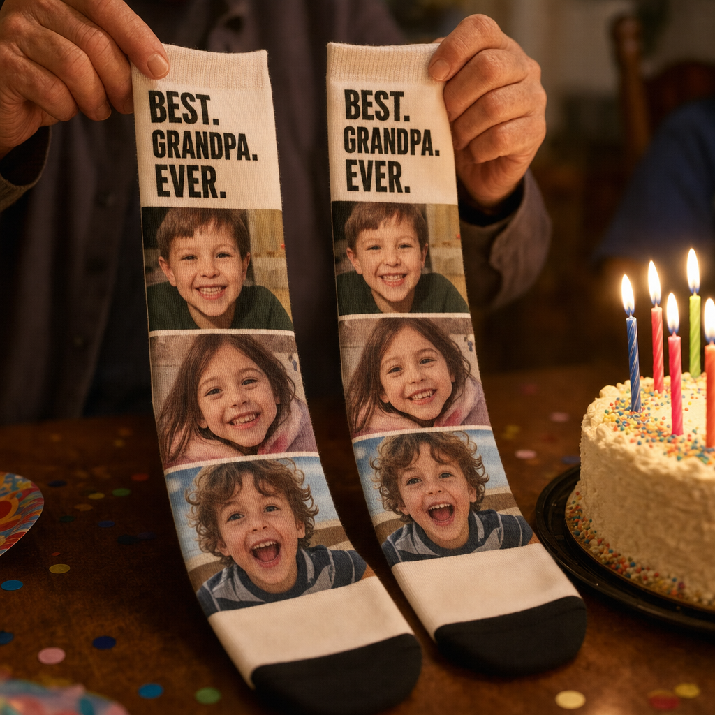 Custom photo socks with grandkids faces and Best Grandpa Ever text held up next to a birthday cake