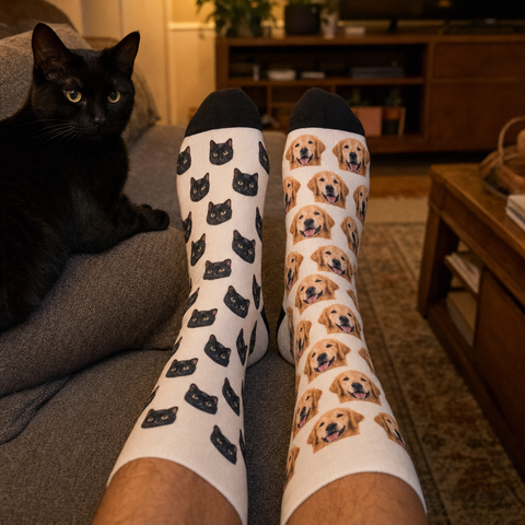 Custom photo socks with a cat face on one sock and a dog face on the other