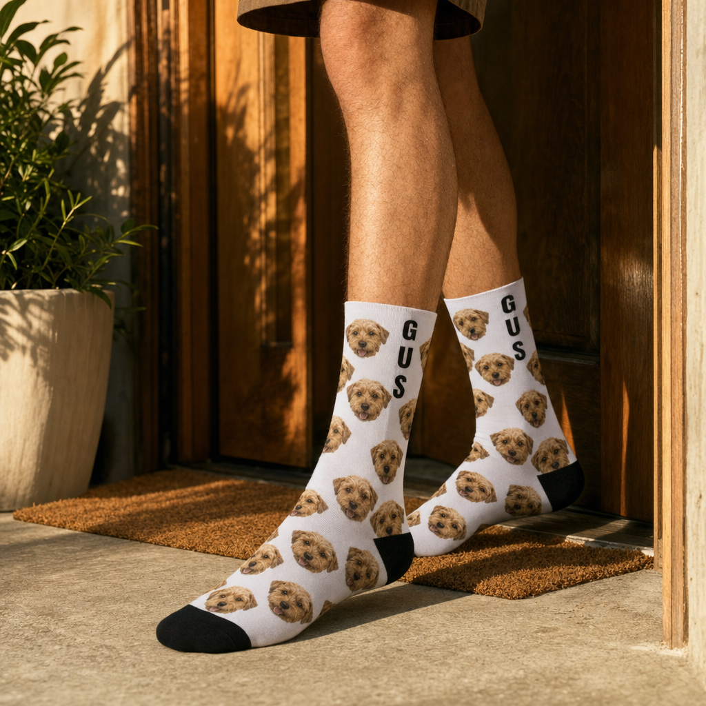 Custom photo crew socks worn standing, tiled dog faces and the name Gus on the cuff