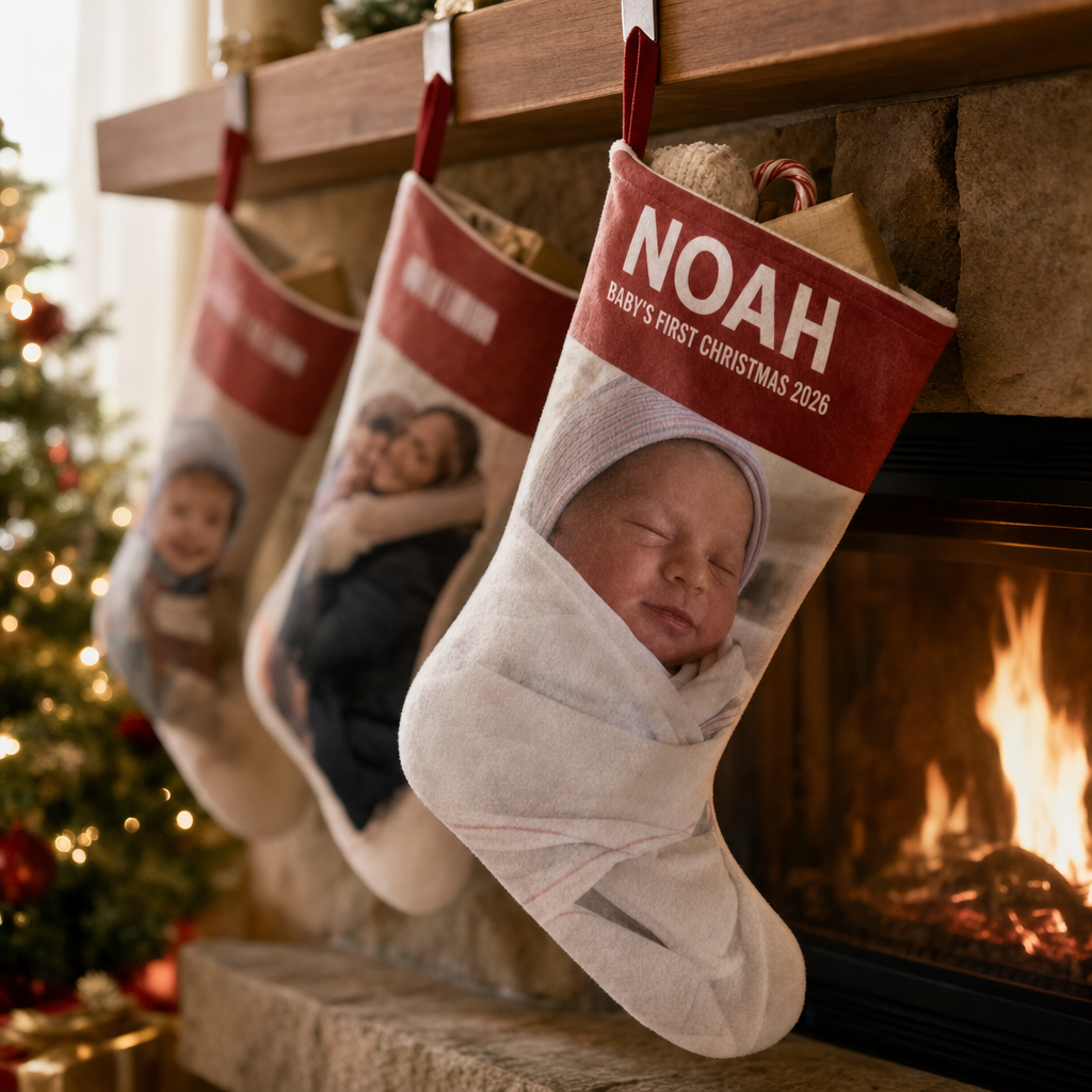 A lit fireplace on Christmas morning with a row of filled photo stockings, the nearest printed with a newborn photo and the name Noah