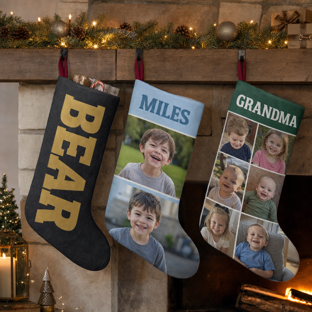 Three coordinated personalized stockings on one mantel: a bold gold nickname, a two-photo kid design, and a grandkid photo collage
