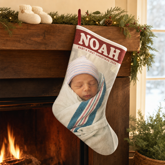 Personalized Christmas stocking with a newborn photo and the name Noah hanging from a mantel