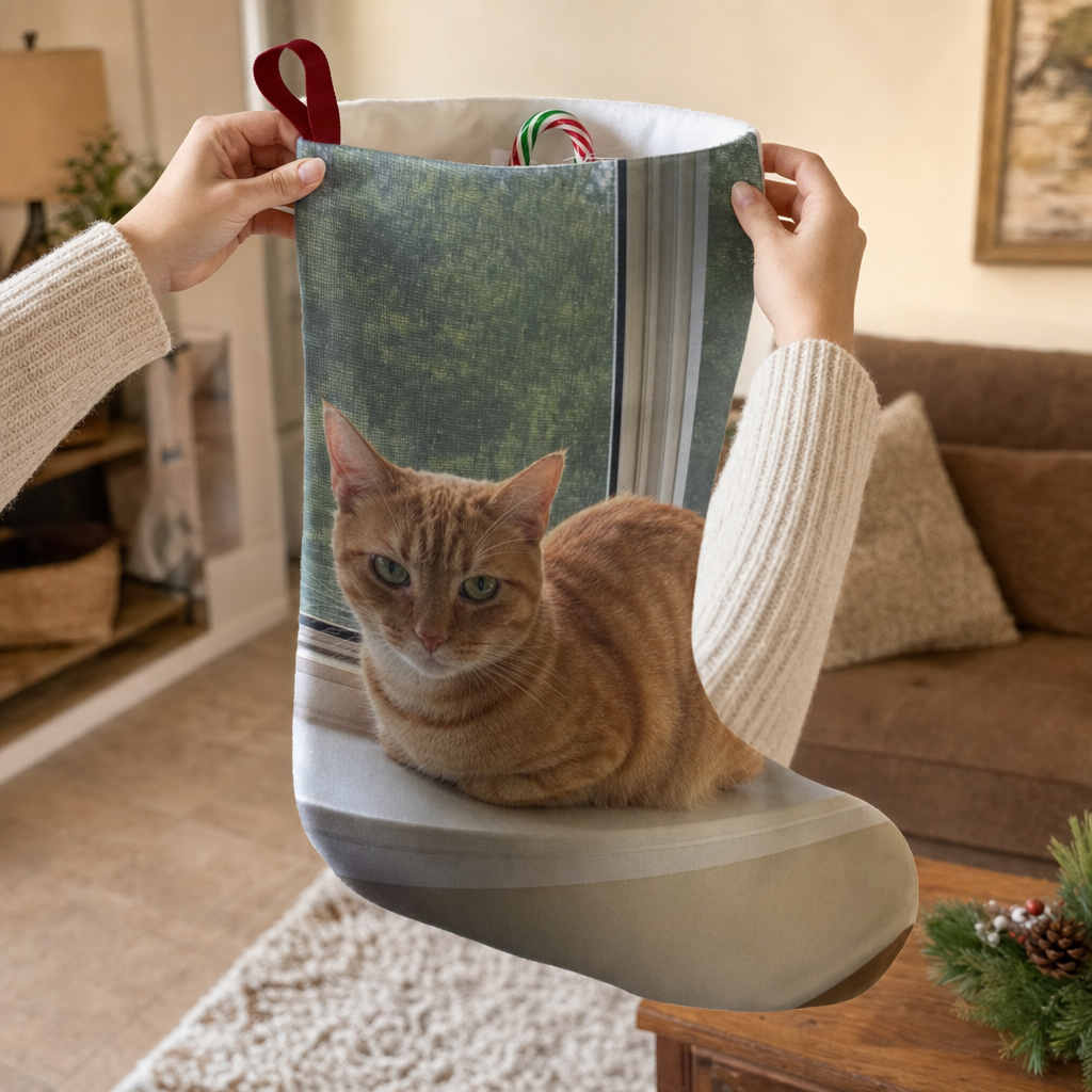 Hands holding the personalized cat photo stocking open at the cuff, showing the spacious full-size opening