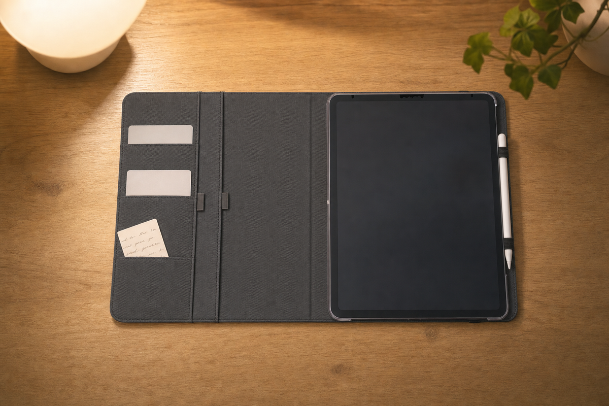 Inside of the custom iPad folio case: dark grey interior with flat card pockets holding cards and a folded note