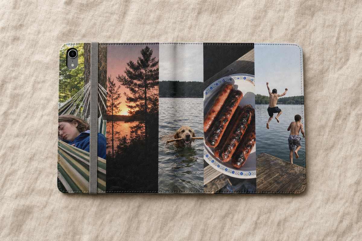 The custom iPad folio case lying open and flat, showing one continuous printed design across the back, spine, and front cover