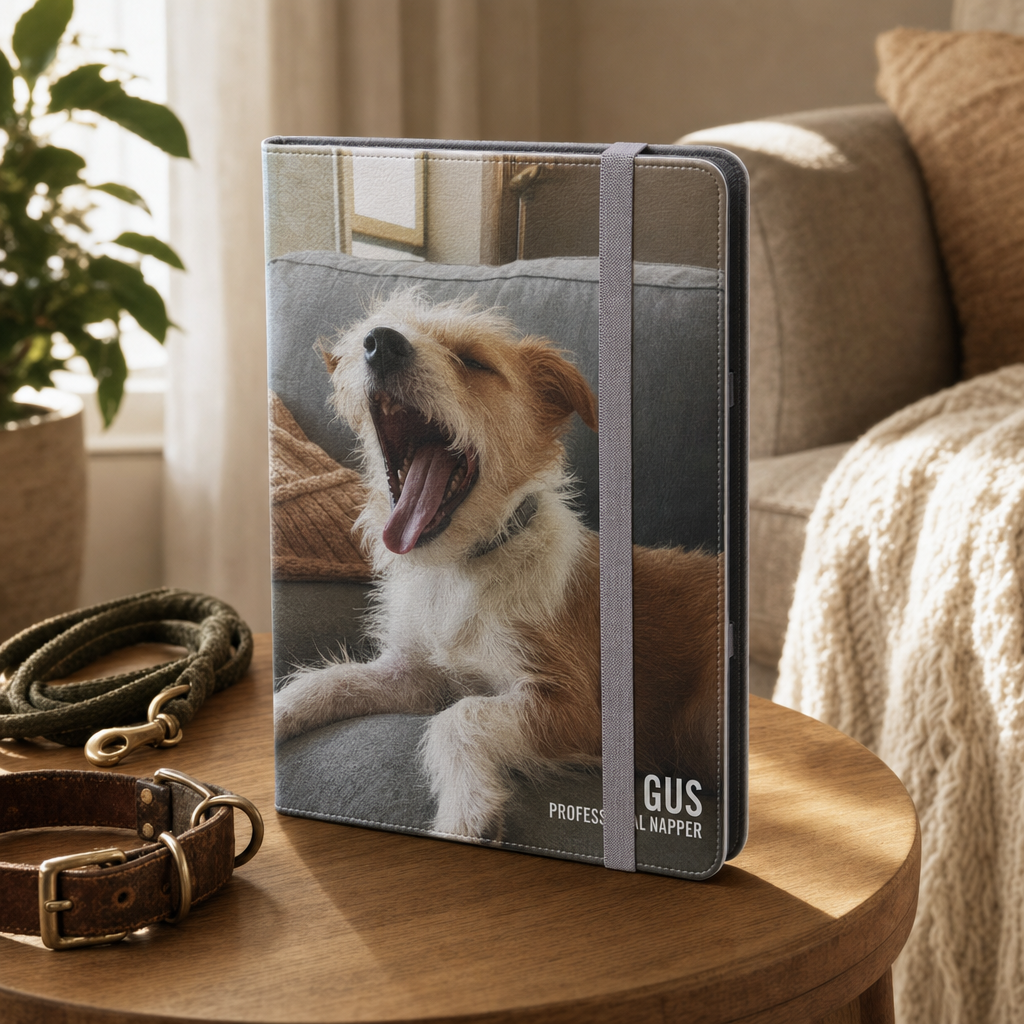 Custom iPad folio case with a candid dog photo and the name Gus printed on the cover