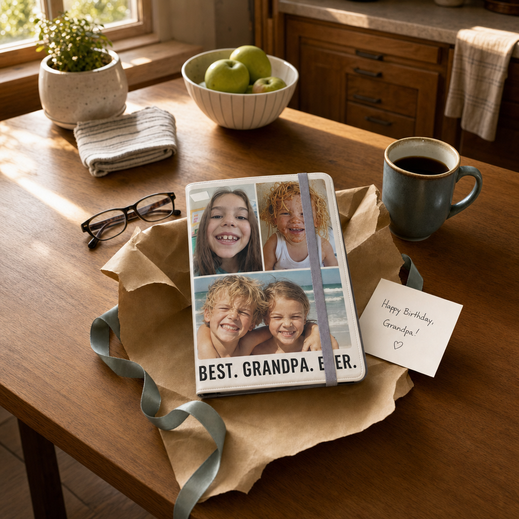 Custom iPad folio case printed with a grandkid photo grid reading Best Grandpa Ever, half unwrapped as a gift