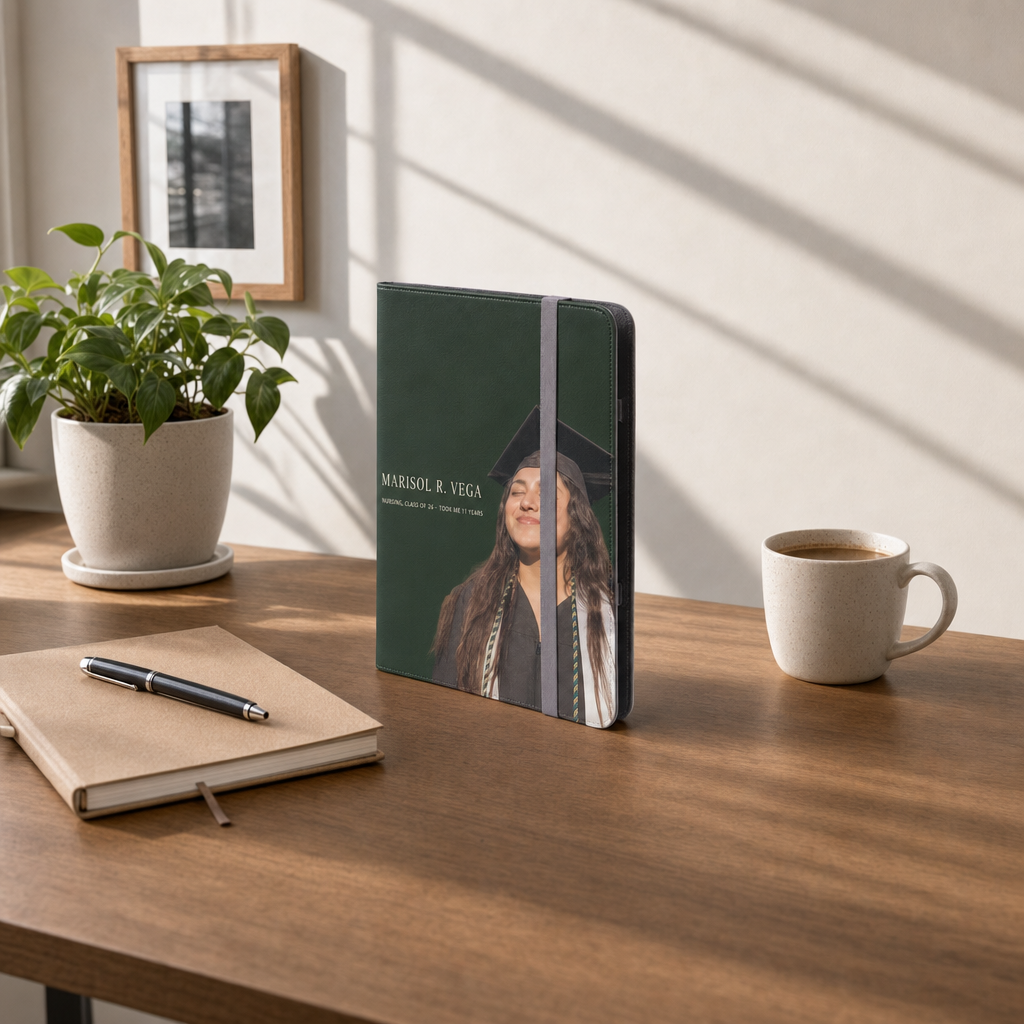 Custom iPad folio case with a graduation photo and the name Marisol R. Vega printed on a forest green cover