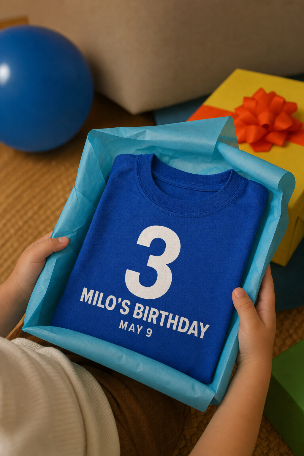 Royal blue toddler tee printed with MILO'S BIRTHDAY and a big numeral 3, half wrapped in plain gift paper