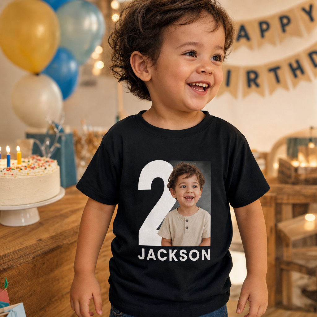 Black custom toddler t-shirt printed with a big numeral 2, the name JACKSON, and a toddler photo, shown at a birthday party