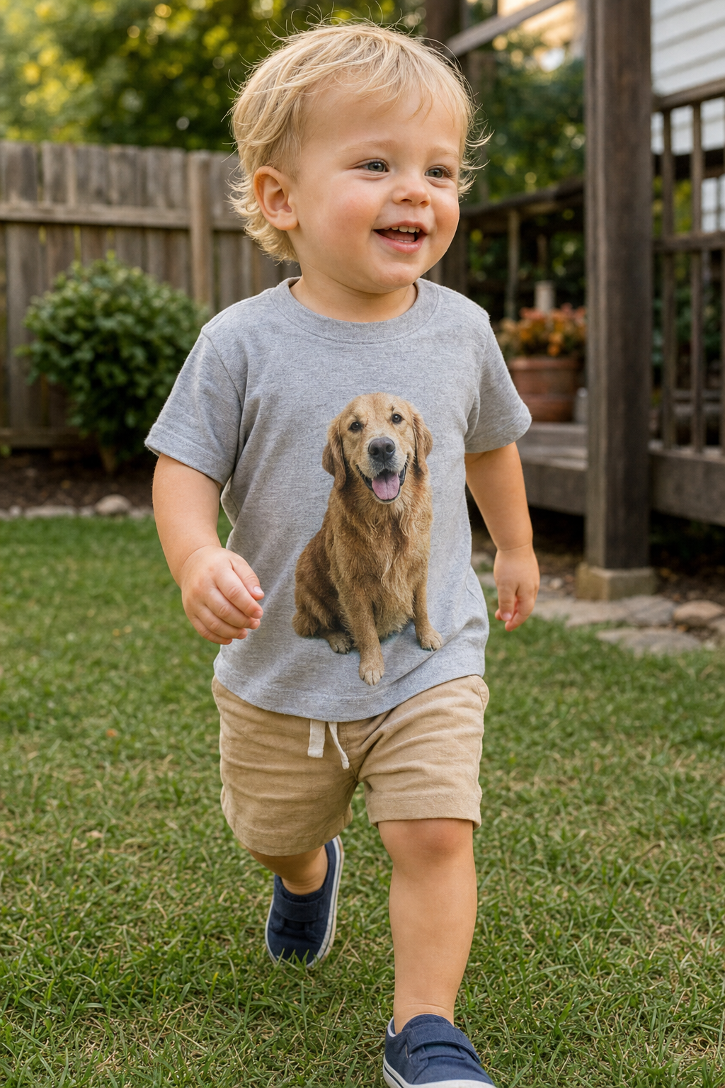 Toddler outdoors wearing a custom tee printed with a dog photo