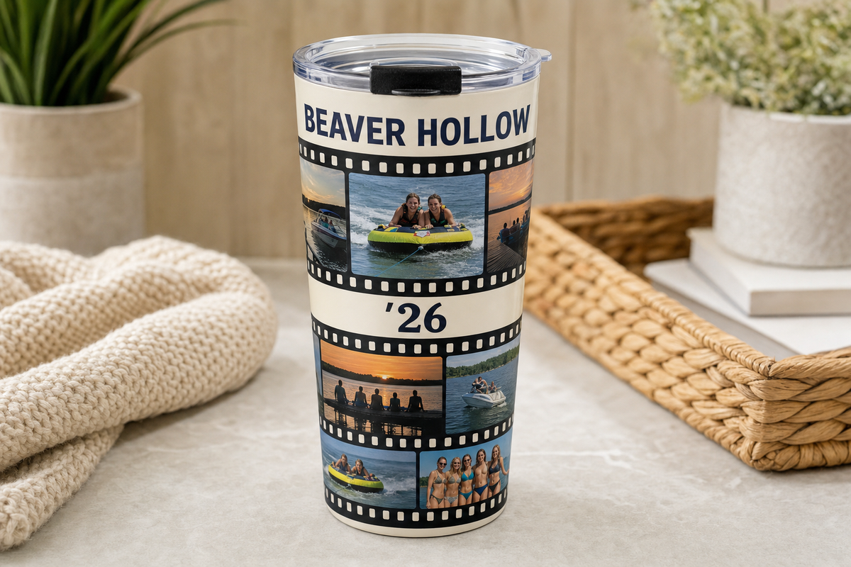 Full-wrap photo print around a custom stainless steel travel mug