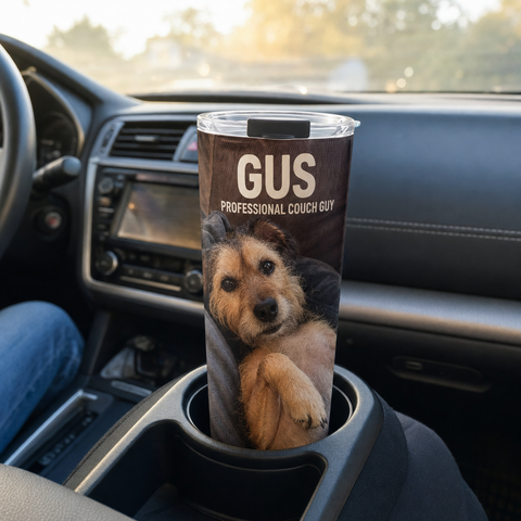 Custom photo tumbler printed with a pet photo, riding in a car cupholder