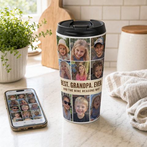 Custom stainless travel mug printed with a candid dog photo and a name