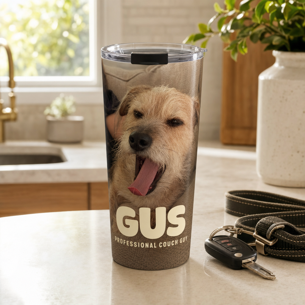 Custom 15oz travel mug printed with a dog photo and the name GUS, on a kitchen counter