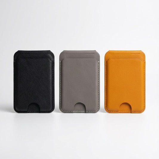 Three card holders in black, gray, and orange on a white background