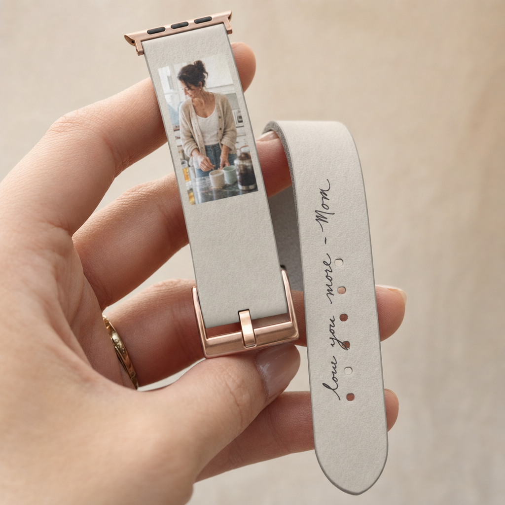 A custom Apple Watch band folded to show the printed faux leather outside and the soft suede lining inside