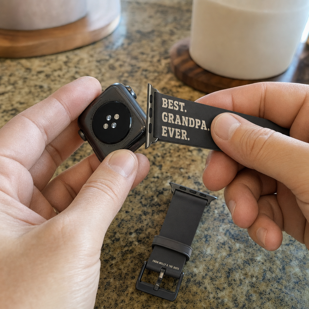 Hands sliding the stainless lug adapter of a custom band into an Apple Watch