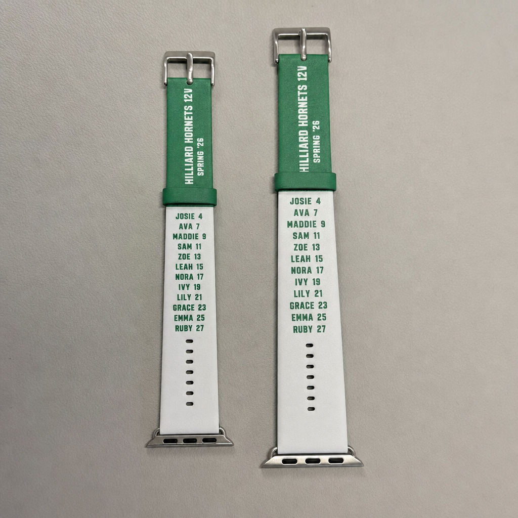 A Small and a Large custom Apple Watch band side by side, both printed with the same team roster design