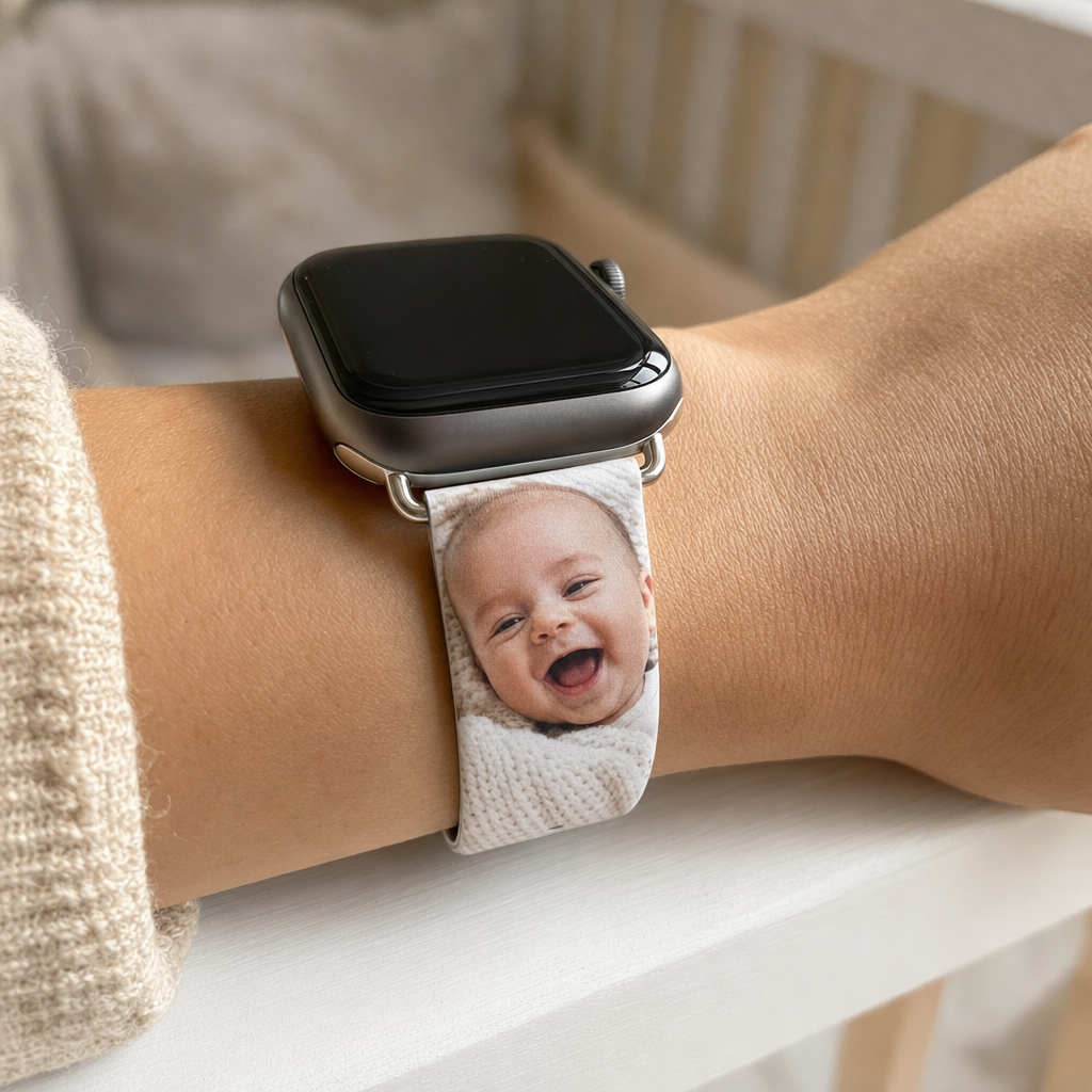 Custom Apple Watch band printed with a laughing baby photo, worn on a parent's wrist at a crib rail