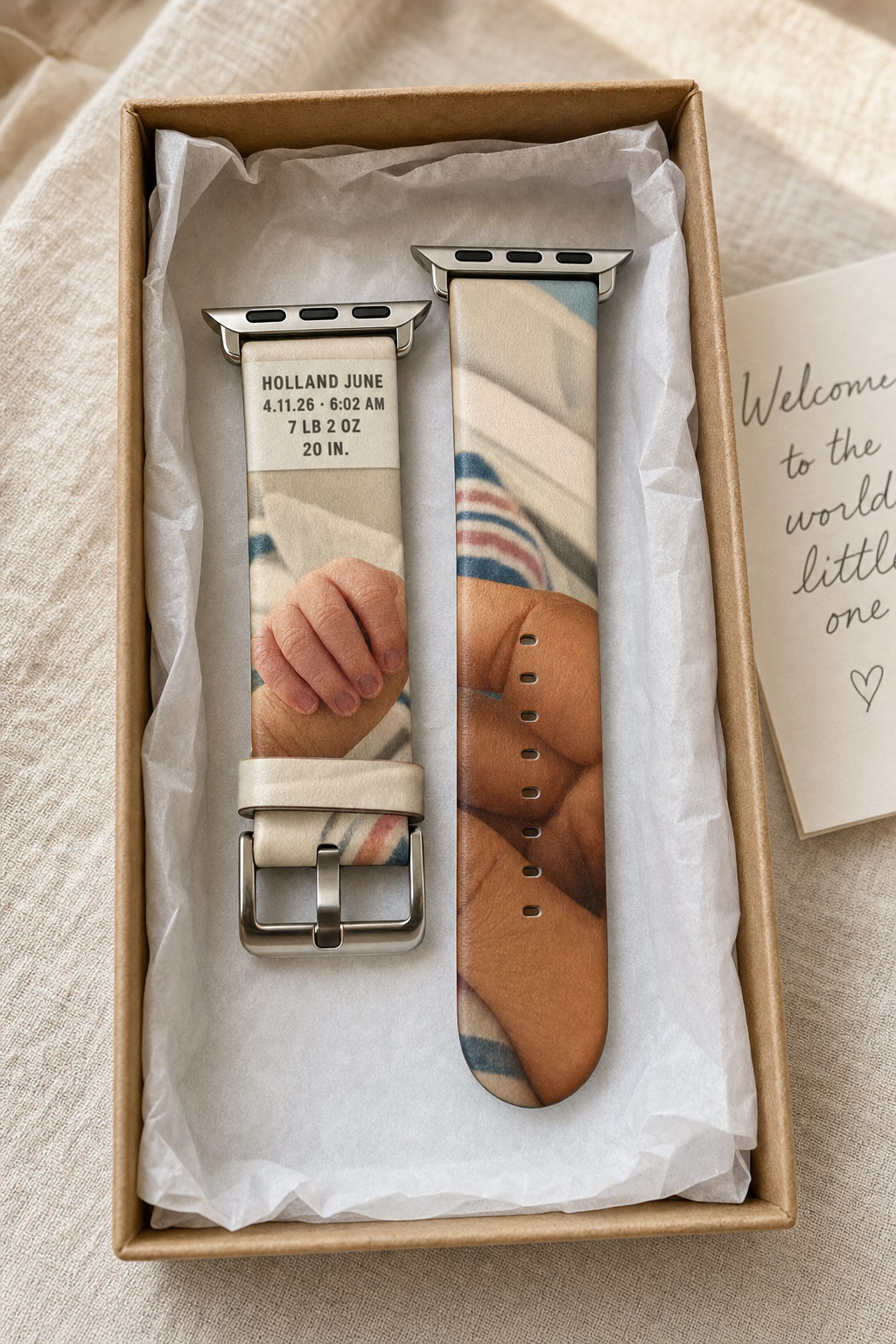 Custom photo Apple Watch band coiled in an open gift box with tissue paper