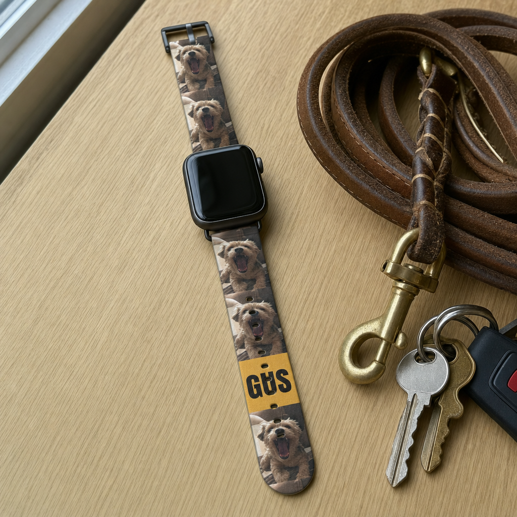 Custom Apple Watch band printed with a repeating dog photo and the name Gus, attached to an Apple Watch on a wooden table
