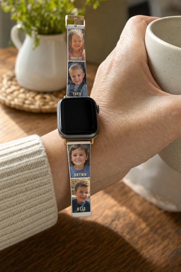 Custom Apple Watch band printed with a column of four grandchildren's photos and their names